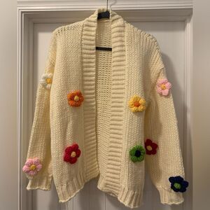Fadivo Ivory NWT Open Knit Cardigan with Crochet Pop-Up Flowers Size OS